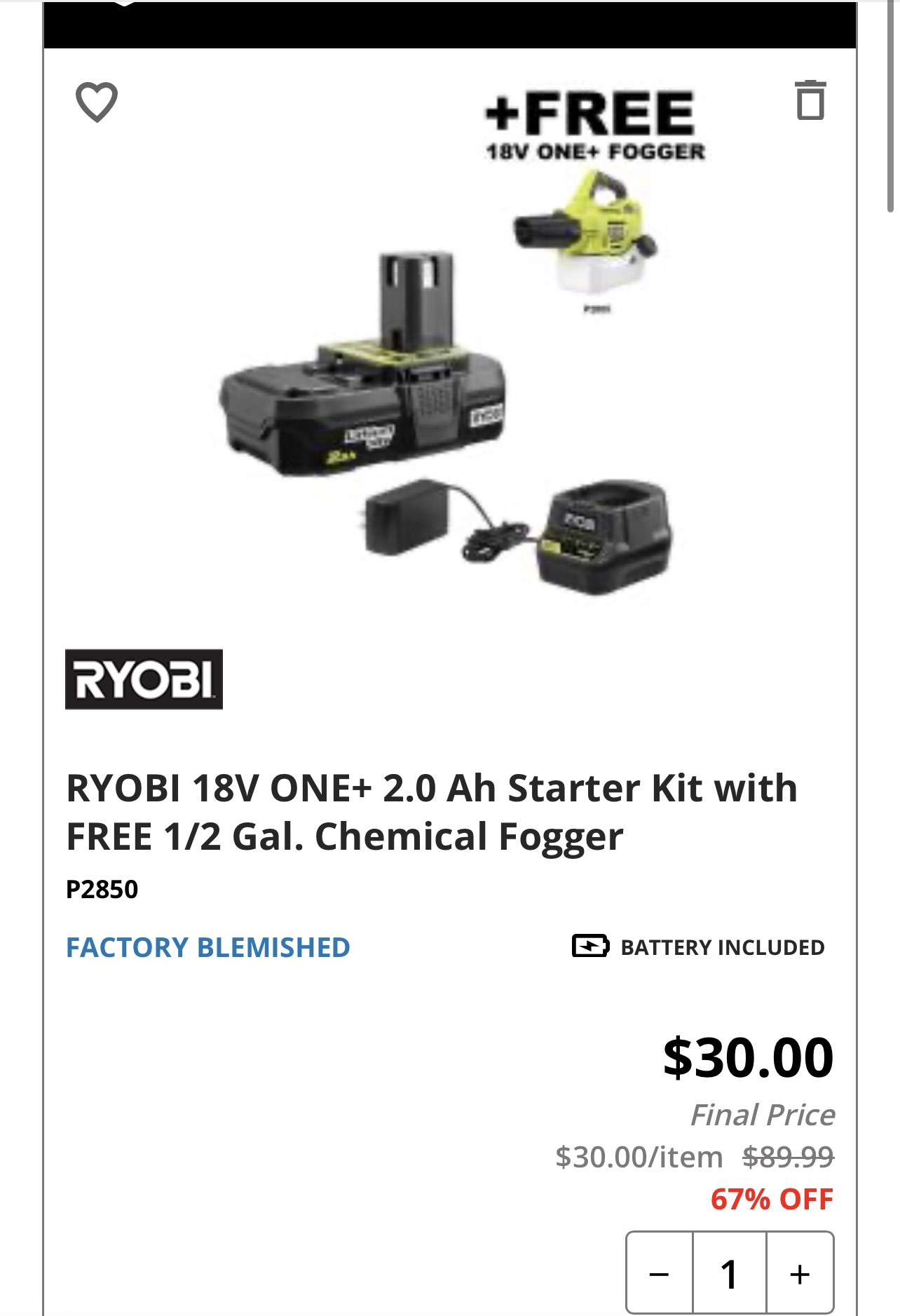 RYOBI 18V ONE+ 2.0 Ah Starter Kit with FREE 1/2 Gal. Chemical Fogger