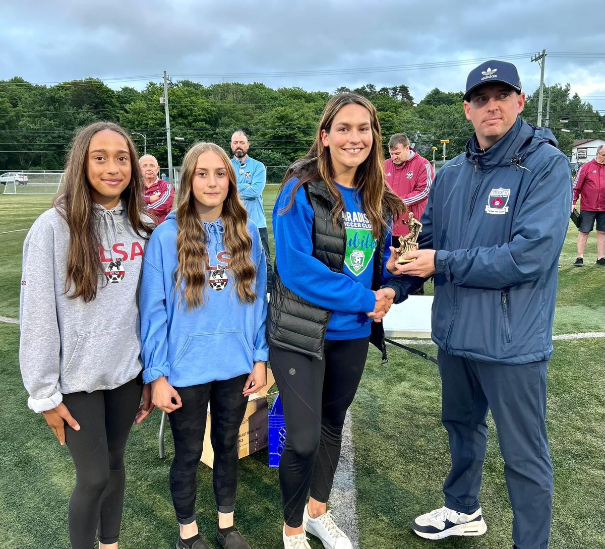 Emily, Avery &amp; Mia presenting the 2023 Alphonsus Warren “Coach of the Year” trophy on behalf of the Warren family at the Challenge Cup awards ceremony 🏆 The award went to Ryan Caines of CBS Strikers FC ⚽️ #challengecup #coachoftheyear #proudfamily #soccerfamily