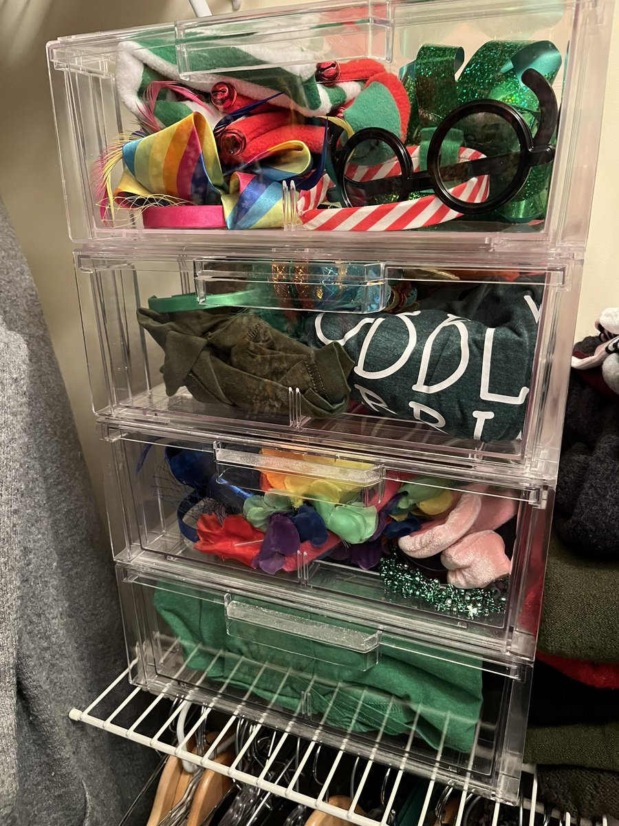 CarrieHester96's tweet photo. You know you are entering your 8th year teaching (plus maybe having a thing about wearing ridiculous items on your head) when you have four little drawers for spirit day options plus holiday specific tshirts. https://t.co/hgtgou8SaU