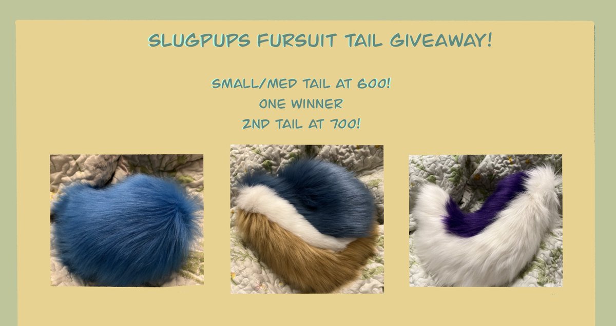 🌱FURSUIT TAIL GIVEAWAY🌱

🐌WINNERS: 1 winner at 600 followers if we get to 700 followers I’ll pick another winner for a tail! 

🐌 RULES TO ENTER: 
Must follow me (ovbs)
Like&amp;rt
I will only work with furs that I have! 
USA shipping included 

THANK YOU! 
Ends: tbd