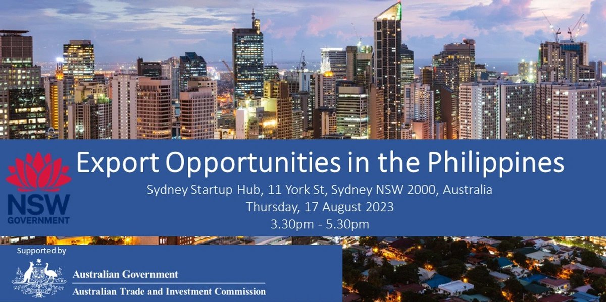 On track to becoming a 1 trillion-dollar economy in 2033, the Philippines is a dynamic potential market for NSW exporters. 🇵🇭 Join the Export Opportunities in the #Philippines information session hosted by @DEITNSW and supported by Austrade. Register now: events.humanitix.com/spotlight-nsw-…