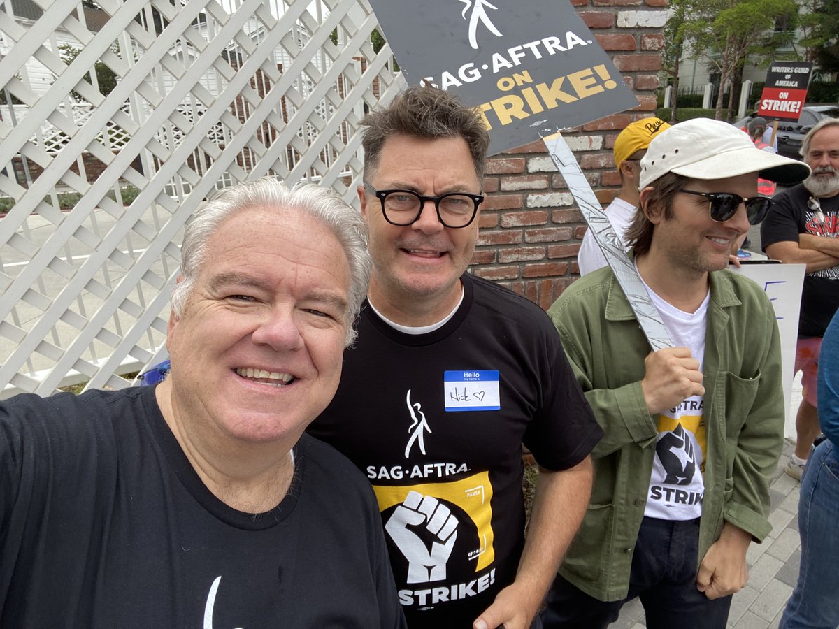 JimOHeir's tweet photo. Parks cast, writers, producers, crew and guest stars came out to support SAG/AFTRA and the WGA in their fight for a fair deal.  We also had the cutest lil' horse to ever walk a picket line. #SAGAFTRAstrong #WGA #ParksAndRec #lilSebastian https://t.co/sGvLyyinz1