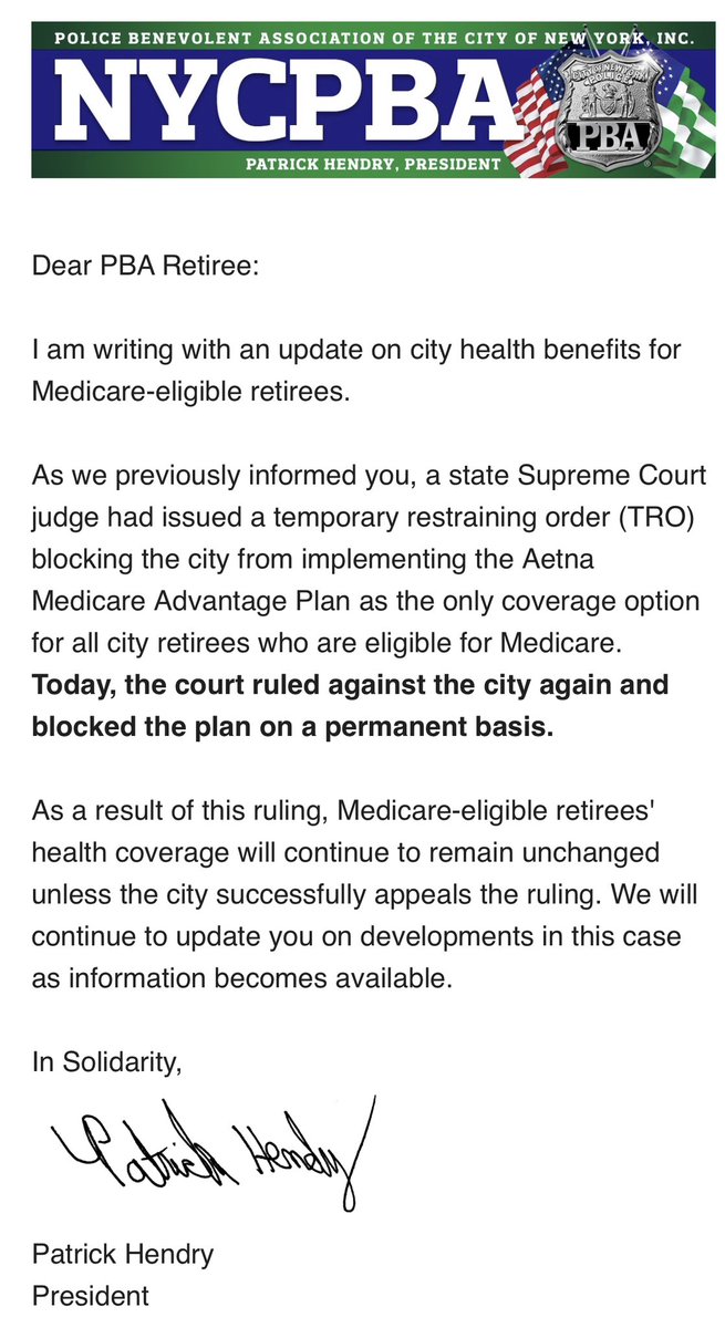 Patrick <a href="/NYCPBA/">NYC PBA</a> we have fought hard protecting NYPD Medicare Retirees! @nycretirees are thankful for this major victory and know there is more fight ahead. No greedy mayor should take away an earned and vested benefit from a retiree! ❤️