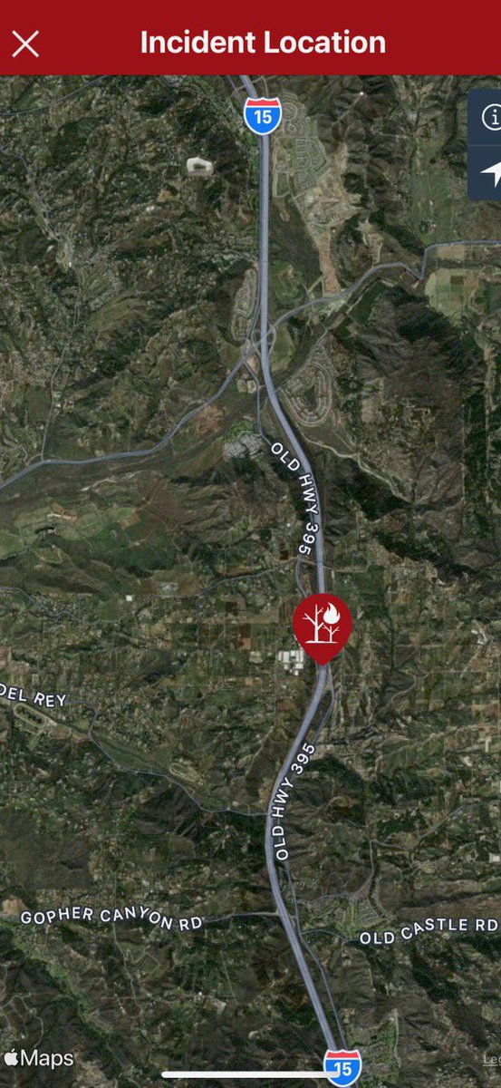 CALFIRESANDIEGO's tweet photo. .@CALFIRESANDIEGO is at scene of a vegetation fire off of south bound Interstate 15 and Old Hwy 395 just south of the 76. Multiple spots making up about 2 acres in size. CHP has the southbound lanes shut down in the area due to incident. #BonsallFire https://t.co/3Le5ImlI7j
