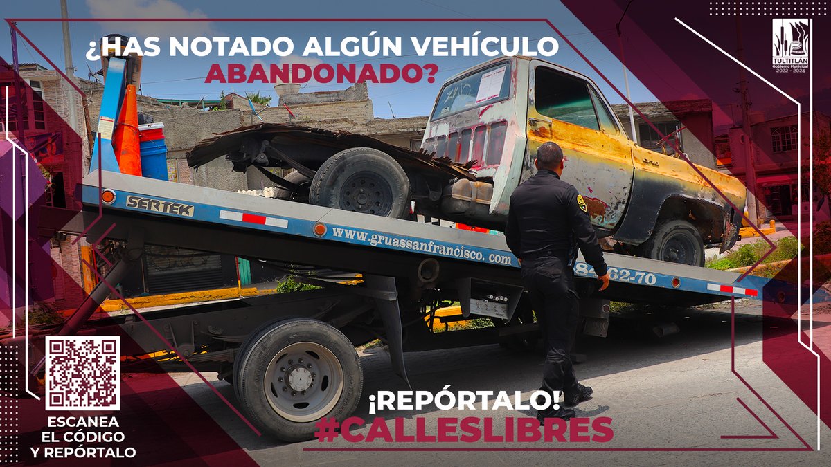 25_27Tultitlan's tweet photo. 📷📷 #SeguimosTransformandoTultitlán | Continuamos trabajando para tener #CallesLibres en #Tultitlán de #vehículoabandonados a fin de recuperar espacios públicos 📷📷📷.
Repórtalos ÚNICAMENTE en: https://t.co/xzVFs4d5tx o mediante el código QR de la imagen 📷. https://t.co/0MbLWebJec