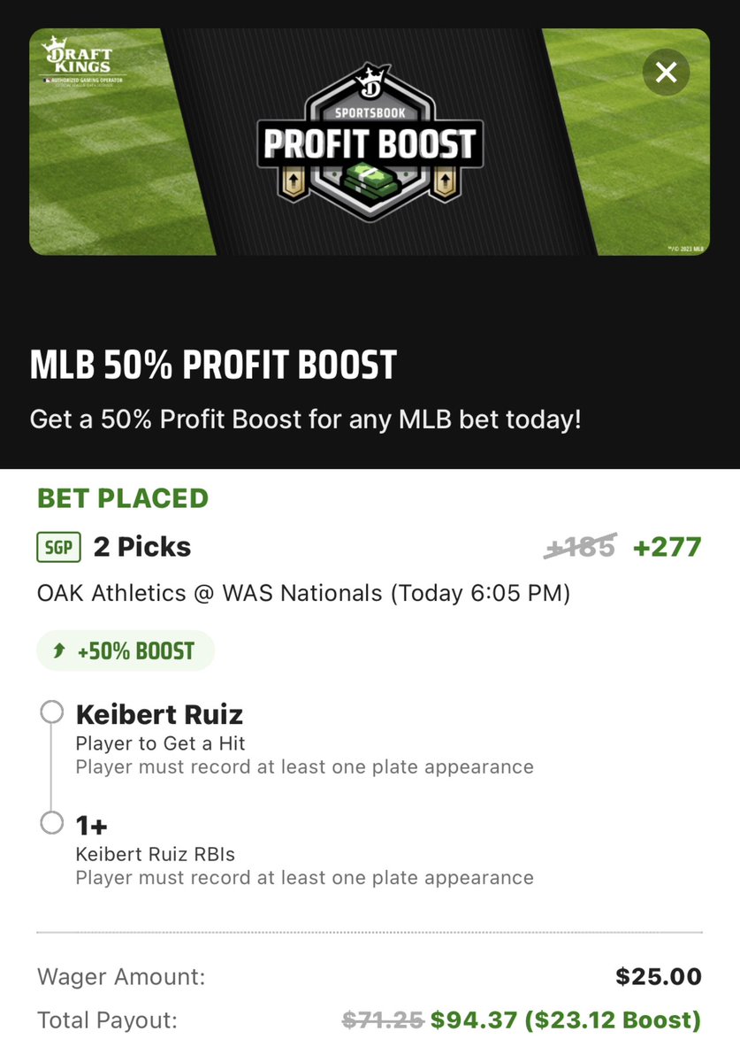 Longshot_Bets's tweet photo. ✨DraftKings MLB Profit Boost✨

• K. Ruiz (WAS) 1+ Hits &amp; 1+RBIs boosted to +277

In for $25 max (.5u)

#GamblingTwitter #NATITUDE https://t.co/Ak5kYCTG3Z