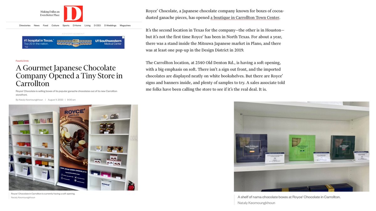 roycechocolate's tweet image. ROYCE' Chocolate in Carrollton, TX is featured by
@DMagazine's online dining editor Nataly Keomoungkhoun.

Read here: bit.ly/royceindmagazi…

#roycechocolate #royceusa #pressfeature #shopping #chocolate #Carrollton #Dallas #GreaterDallas #Texas #HowJapanDoesChocolate