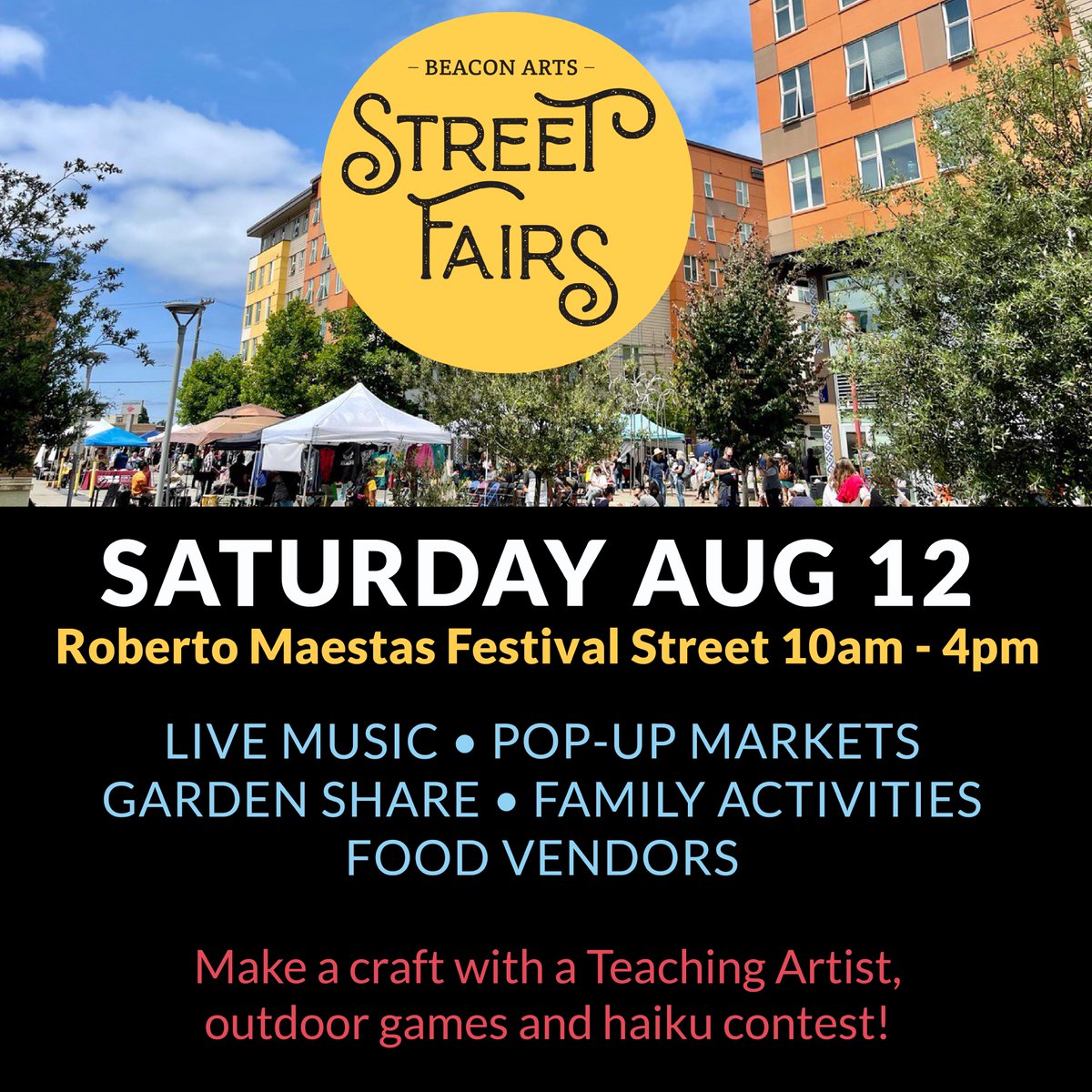BeaconArtsSEA's tweet photo. Enjoy the beautiful weather and celebrate of one of Seattle’s most diverse neighborhoods with live music, pop-up markets, garden share, food vendors and special free activities! On August 12th from 10 am to 4pm at the Roberto Maestas Festival Street https://t.co/pn6gxxvMiQ