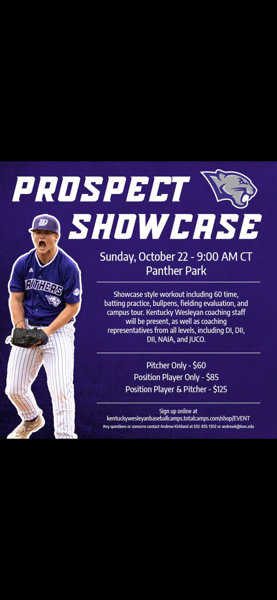 We are having our prospect showcase on October 22nd!  Below is the link to register!  Hope to see you there! …ywesleyanbaseballcamps.totalcamps.com/shop/EVENT