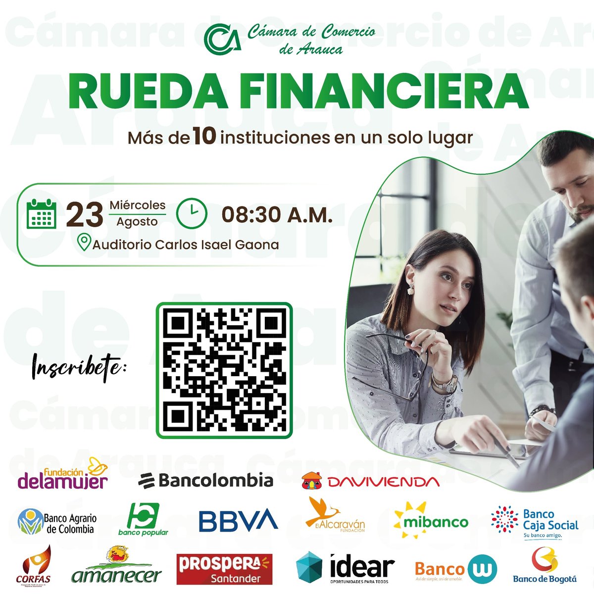 CComercioArauca's tweet photo. 📢 ¡Atención empresarios, microempresarios y emprendedores!  
La Cámara de Comercio de Arauca los invita a la 𝐑𝐮𝐞𝐝𝐚 𝐅𝐢𝐧𝐚𝐧𝐜𝐢𝐞𝐫𝐚 que contará con la presencia de más de 10 entidades del sector financiero.

Confirma tu asistencia aquí: https://t.co/Vzz02zcjEL https://t.co/93lzYxLwqx