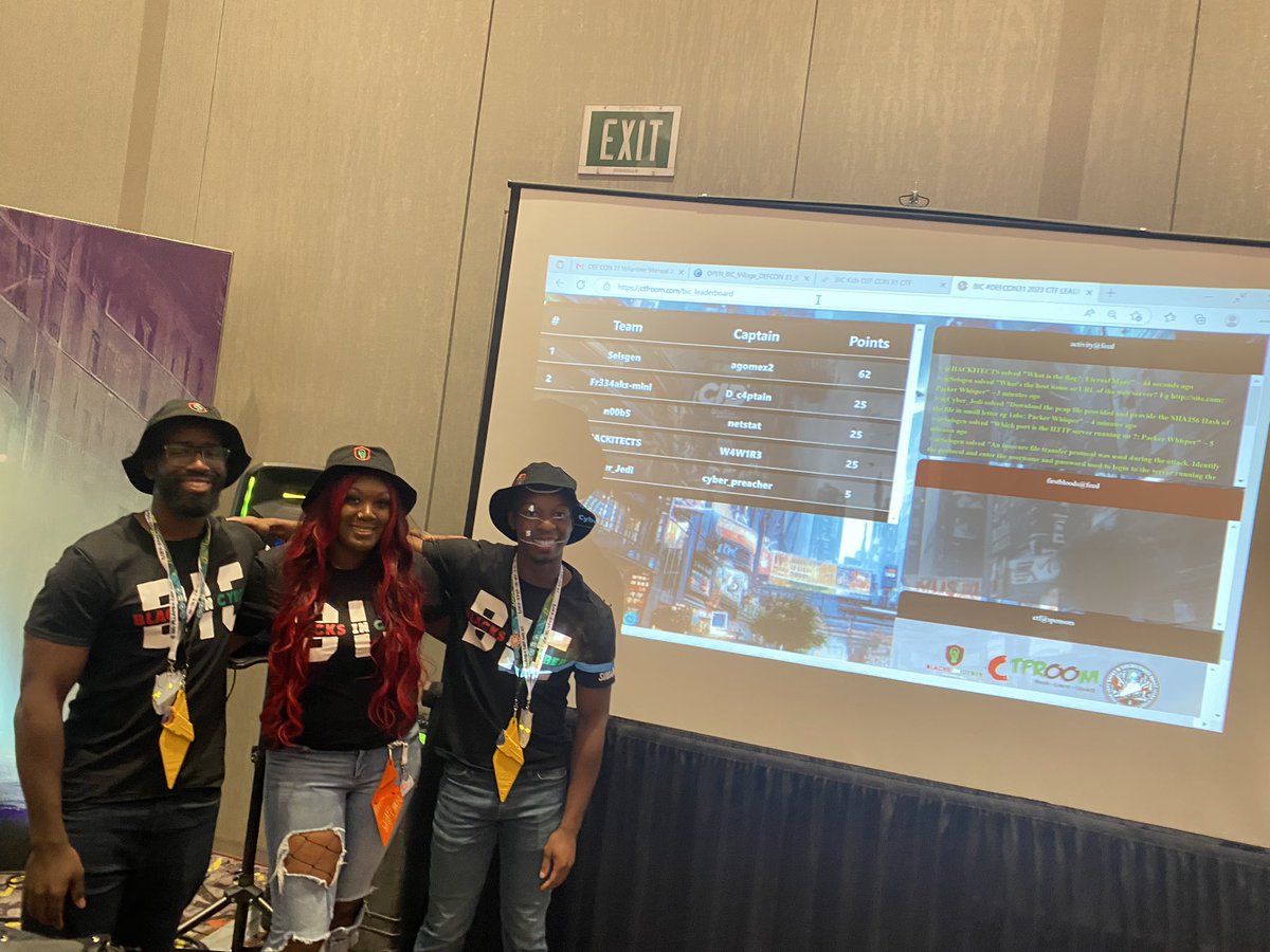 BlackInCyberCo1's tweet image. The CTF 💻🚩 is up and Running! @defcon @CTF_Room 

#BlacksInCyber #BIC_Village #BIC_CTF #CTFRoom #BlacksInCybersecurity #DEFCON31 #DEFCON

ctfroom.com/bic_leaderboard
