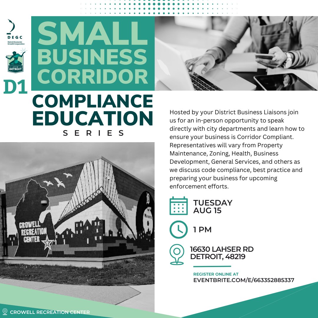 Heads up District 1 small business owners: The Small Business Corridor Compliance Education series continues at 1 PM Tuesday, Aug. 15, at the Crowell Recreation Center (16630 Lahser Rd).

Register here 🔗 bit.ly/3OaBWKa