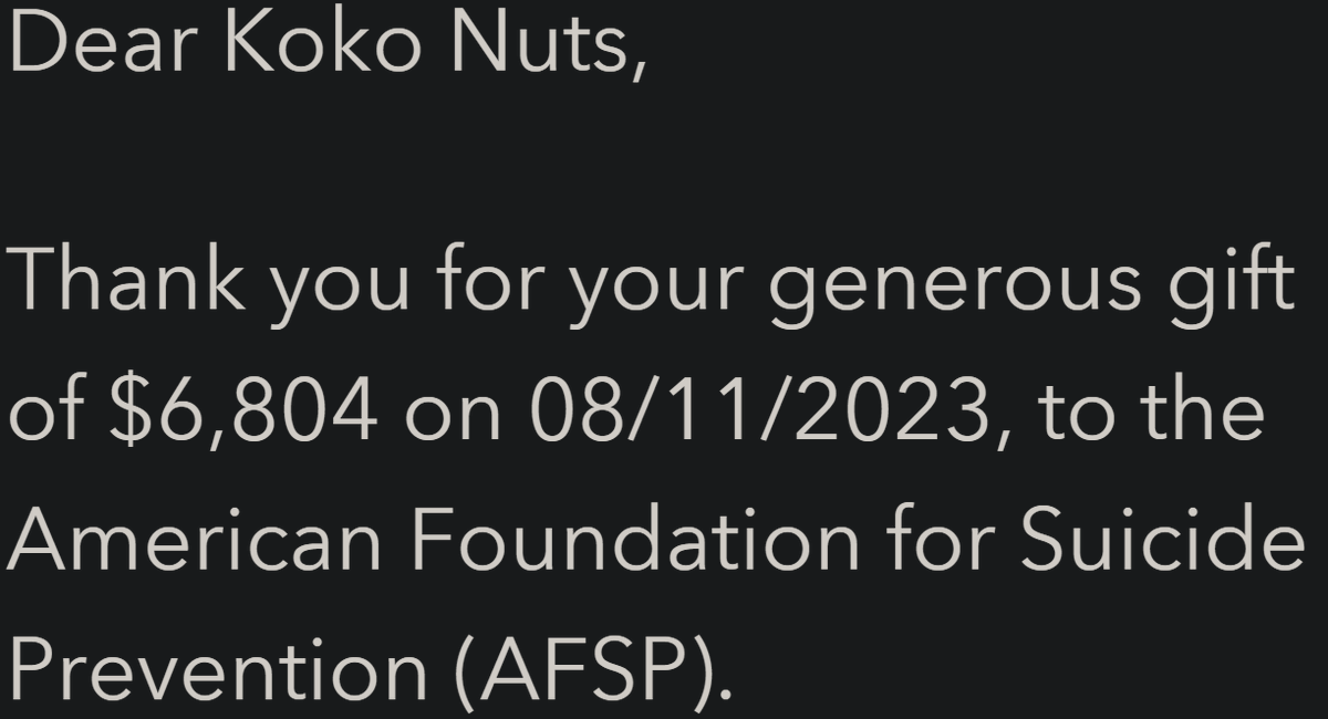 KokoNutsVT's tweet image. We managed to raise $6804 for charity! Thank you to everyone who showed up to the charity event and huge thank you to everyone who donated. 

Remember there is always help if you're in a low place. Please take care of yourself &amp;lt;3