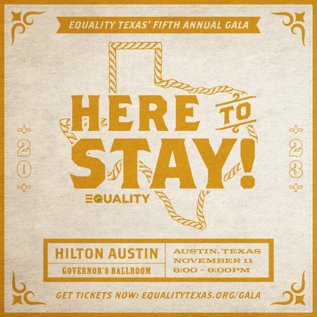 EqualityTexas's tweet photo. ๐ค ๐ YEEHAW!
Our Fifth Annual Equality Texas Gala is happening in November! The theme for this year's Gala is โHere to Stay.โ
๐ Get your tickets now at https://t.co/kAY5b0rkfV! ๐
#EQTX #EqualityTexas #HereToStay #EQTXGala #LGBTQ #LGBTQIA #LGBTQRights https://t.co/wntJcpsoil