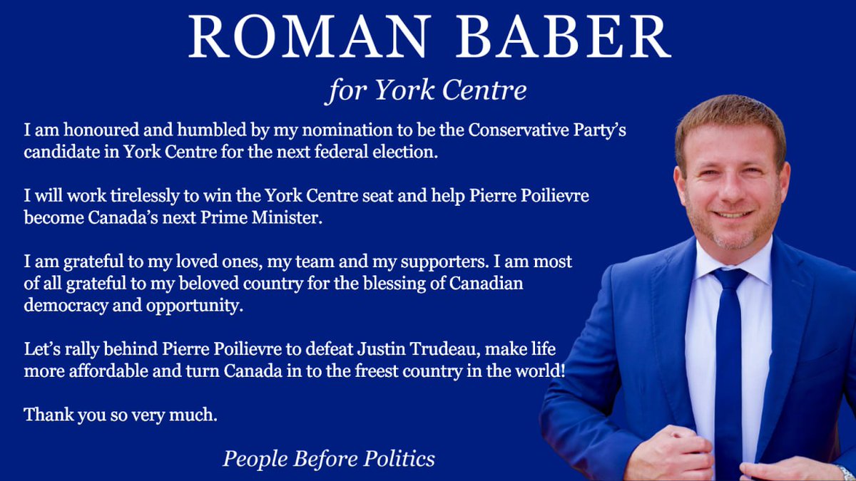 Roman_Baber's tweet photo. I'm honoured to be nominated @CPC_HQ's candidate in #YorkCentre for the next federal election.
Let’s rally behind @PierrePoilievre to defeat @JustinTrudeau, make life more affordable and turn Canada into the freest country in the world!
Thank you York Centre! #cdnpoli https://t.co/4Wf7ARgwDc
