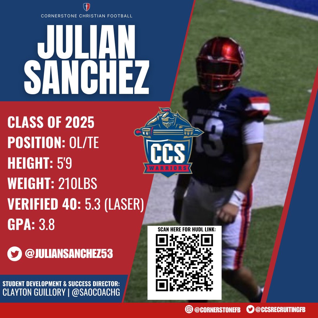CCSRecruitingFB's tweet photo. Julian Sanchez | @JulianSanchez53 
CCS | Class of 2025 | OL
@CCS_Warriors @CCSRecruitingFB 
@TXPrivateFBGuy @Rivals @RivalsCole @on3 @samspiegs @ghamilton_On3 @MaxPreps @247Sports @247Recruiting @BDammone @_RL_Martin @MikeRoach247 @RevengOfThe4th @LSCSN #RecruitCornerstone https://t.co/Fxrpd7GJBx