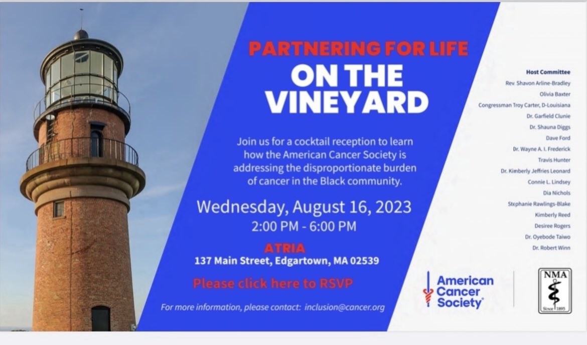 KimberlySReed's tweet image. The @AmericanCancer and @ACSCAN Network along with the @NationalMedAssn 
are delighted to host the first ever Partnering for Life on the Vineyard! @marthasvineyard 

Join US!!! 

#ACSPartneringForLife ♥️
#HostCommittee