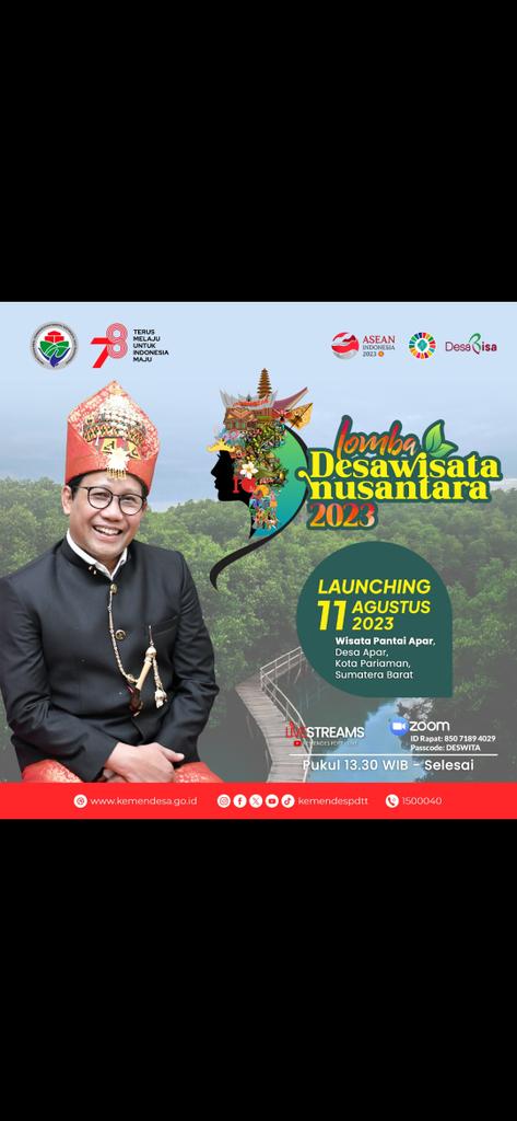 aswin_se's tweet photo. Selamat laucnching lomba  Desa Wisata Nusantara desa Apar,Kota Pariaman Sumatra Barat.
#DesaWisataNusantara
@jokowi 
@halimiskandarnu 
@kemendespdtt 
@imansyukri 
@malik_haramain 
@taufikmadjid71 
@yusradaridesa 
@azzameldzikrie https://t.co/iDCysM7ESE