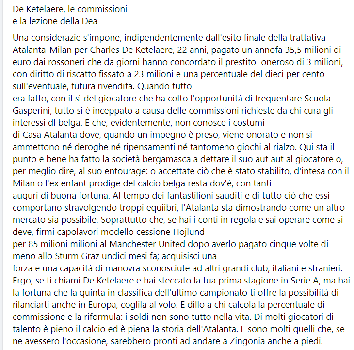 PrimaiTulipani's tweet photo. Un bellissimo articolo di #XavierJacobelli giornalista molto serio, che spiega in poche parole come si lavora a Zingonia in questi giorni nel #Calciomercato
anche per capire cosa è successo nella trattativa infinita di #DeKetelaere
Articolo qui sotto 👇
#ACMilan @Atalanta_BC https://t.co/IjxFQ8AxeX