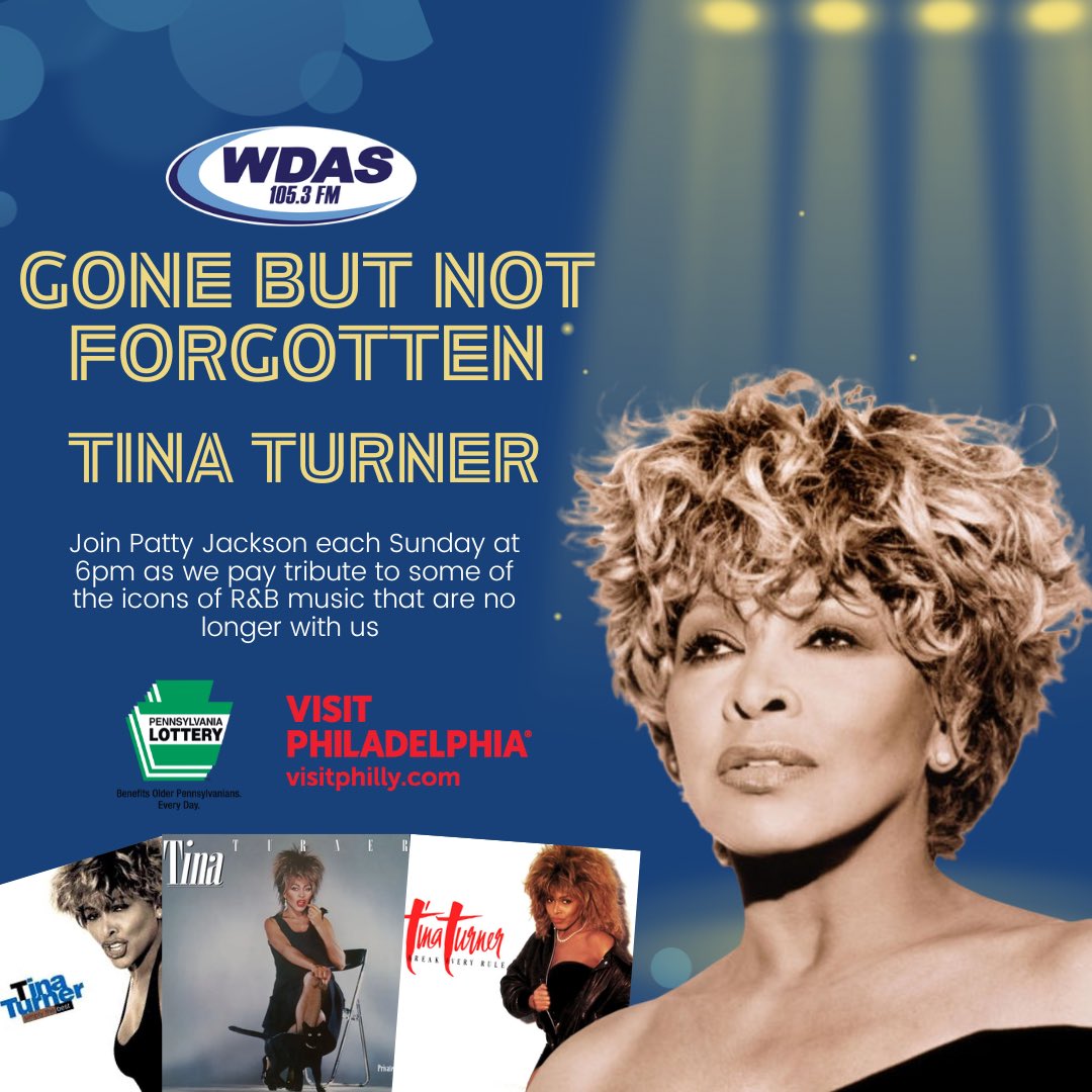 wdasfm's tweet photo. #GoneButNotForgetten presented by @palottery with @MsPattyJackson is every Sunday at 6pm!
This Sunday weโre honoring the one and onlyโฆ #TinaTurner ๐ค๐ถ๐
Sponsored by @visitphilly
๐ปhttps://t.co/vNddaupodJ https://t.co/JQOJgI8YTb