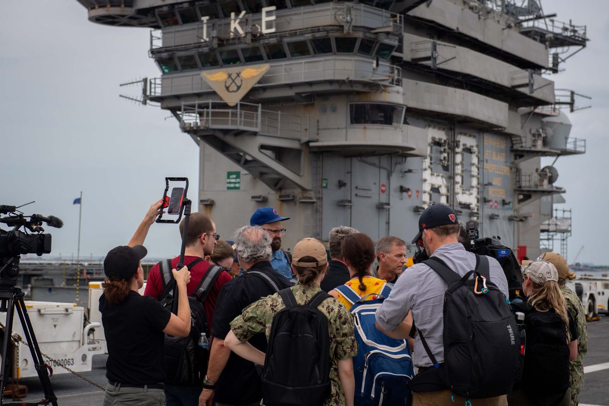 TheCVN69's tweet photo. #MightyIKE and @CSG_two were visited by members of the media to talk about the IKECSG role in Large Scale Exercise (LSE) 2023.
#NavyMarineCorpsTeam
#MaritimeDominance #NavalIntegration #FacesofLSE2023
@USFleetForces @USMC @CSG_4 @USNavy https://t.co/XHqNoAutoh