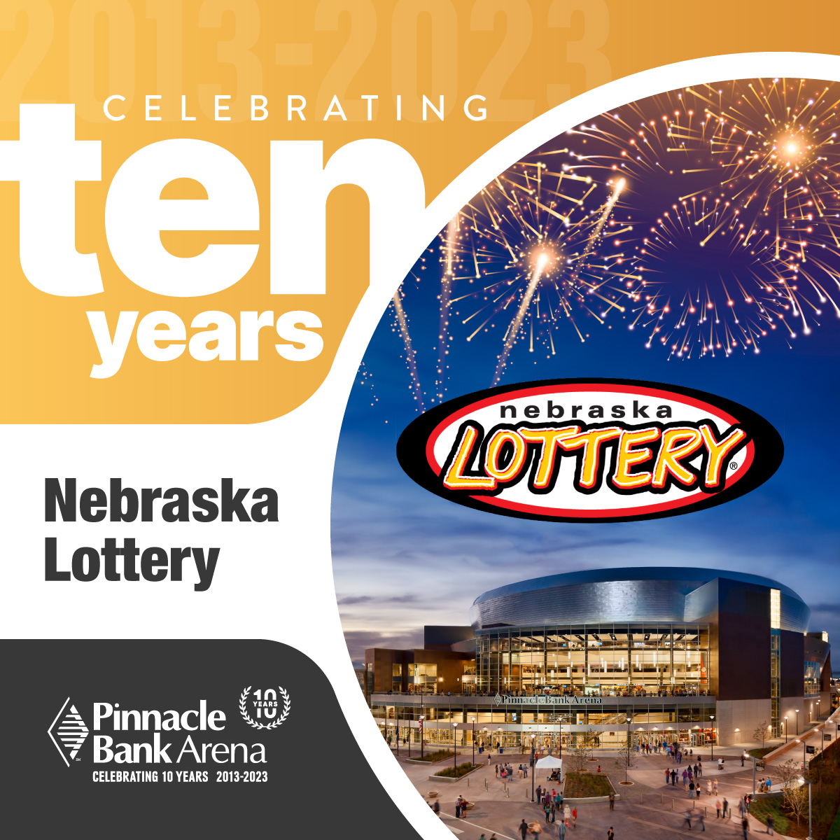 A big thank you to @NE_Lottery for being an amazing sponsor of Pinnacle Bank Arena and helping us celebrate 10 incredible years! Your support makes all the difference. 🎉