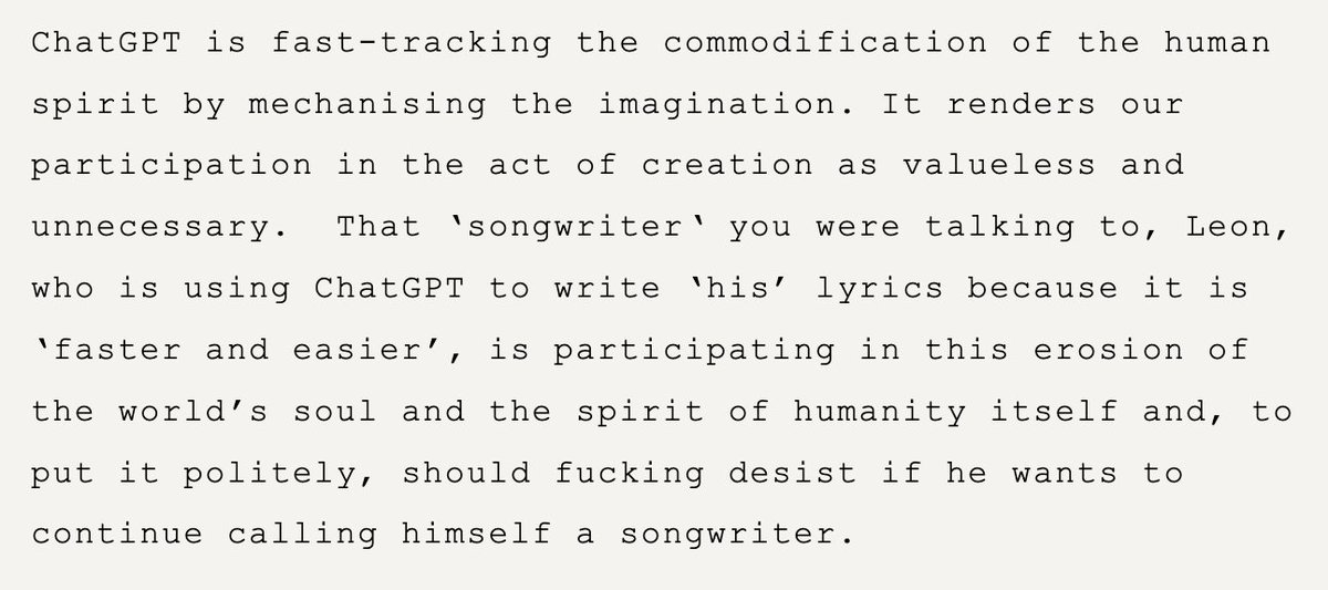 There's a lot of hype about GenAI. Much of it makes me uneasy because trying to shortcut the creative/learning process ends in trouble. Nick Cave put this much more brutally and eloquently in this column, I highly recommend reading: (H/T <a href="/JamesWords/">James Tinged Words</a>)  theredhandfiles.com/chatgpt-making…