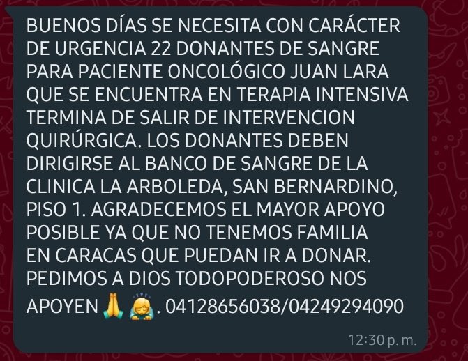AlexaGomezDos's tweet photo. Buenas tardes. El señor Juan Carlos Lara es de Puerto Ordaz y fue intervenido en Caracas, donde le extrajeron un tumor muy grande de más de nueve kilos y necesita con urgencia 22 donantes de sangre. No conocen a nadie en Caracas. Cualquier persona que pueda colaborar. ⬇️⬇️GRACIAS https://t.co/NCXTzDqIuA