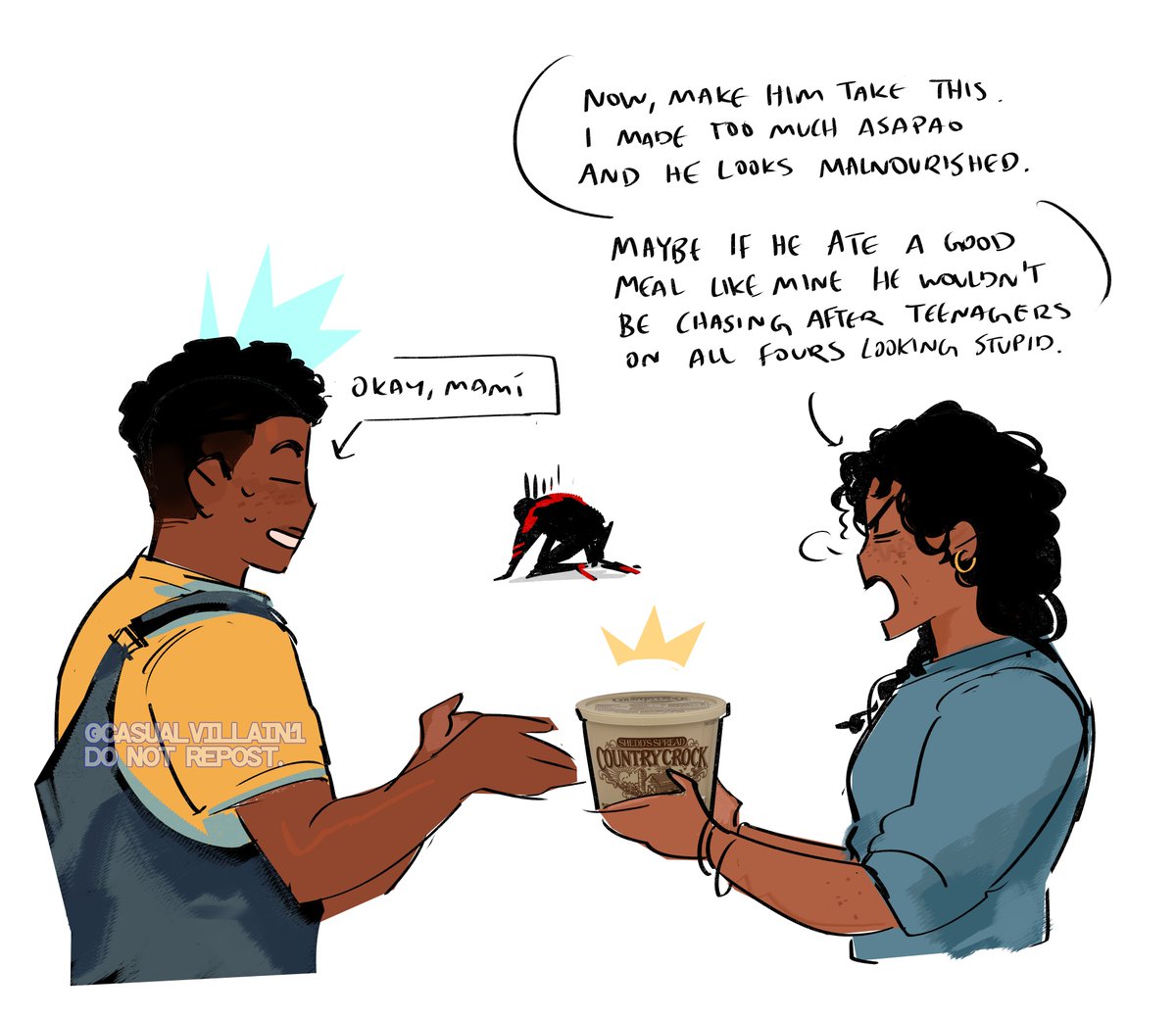 CasualVillain1's tweet photo. who would win: 6'9" genetically enhanced spiderman vs one very angry puerto rican mother

#ATSV #AcrossTheSpiderVerse https://t.co/0XTlUGLMes