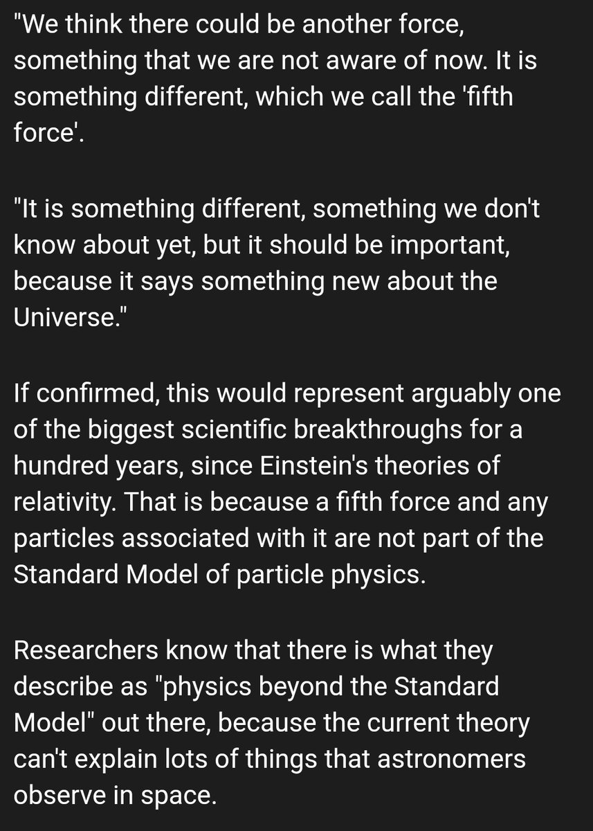 MarianRudnyk's tweet photo. 5th Force of Nature?
Fermilab sci report their latest research is closing in on 5th Force -in addition to current 4 known- Gravity, Electromagnetism, Strong Force & Weak Force:
⚛️ https://t.co/ANyPvtwoVg
Could shatter current generally accepted Standard Model.
#physisc #ufoX https://t.co/vfLzoffcFr
