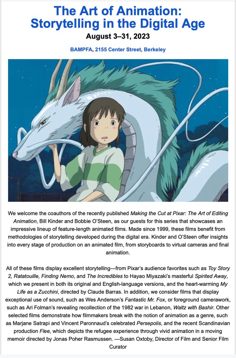 Looking forward to presenting #spiritedaway and #mylifeasazucchini ⁦<a href="/BAMPFA/">BAMPFA</a>⁩ animation festival next weekend. #animationiscinema #animationediting