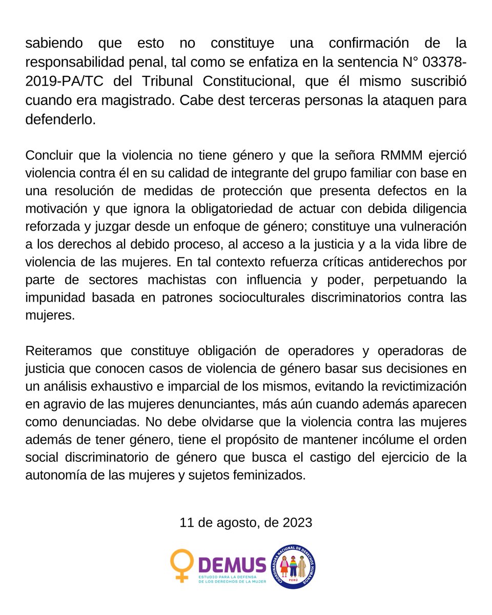 🔴#COMUNICADO
Rechazamos resolución que ordena proteger al señor Eloy Espinosa-Saldaña, alegando "maltratos" por parte de la señora RMMM, y ordena que RMMM se someta a terapia, ignorando que fue ella quien lo denunció por violencia física y psicológica.