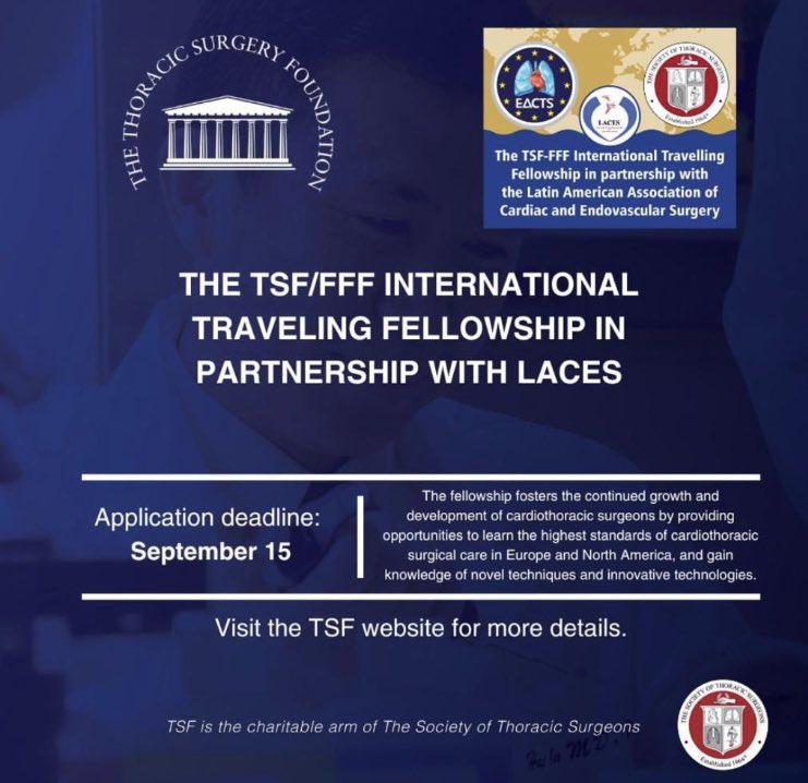 VictorDayan1's tweet photo. Oportunidad única para financiar fellowship en Europa o USA. Pueden aplicar residentes y cirujanos de LATAM. Fecha limite 15 de Setiembre. ⁦@STS_CTsurgery⁩ ⁦@EACTS⁩ https://t.co/3bdJN8cJGc