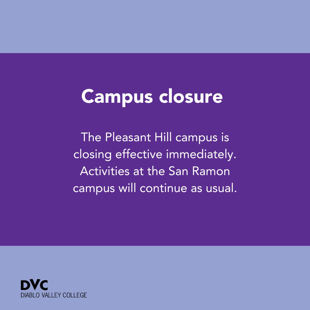 The Pleasant Hill campus is closing effective immediately. Water to the main campus lines had to be shut down in order to address a running water valve.

Activities at the San Ramon campus will continue as usual.

The campus will be open for regular activities on Monday.