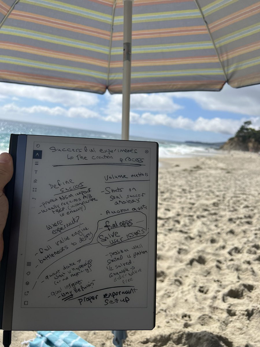 SeanEllis's tweet photo. Prepping for my next presentation on "The process for creating successful growth experiments." I always start planning my presentation content with creative unstructured brainstorming. I could probably do it at a desk but the beach is much more inspiring :) #growthconf https://t.co/GYveVwwH7b