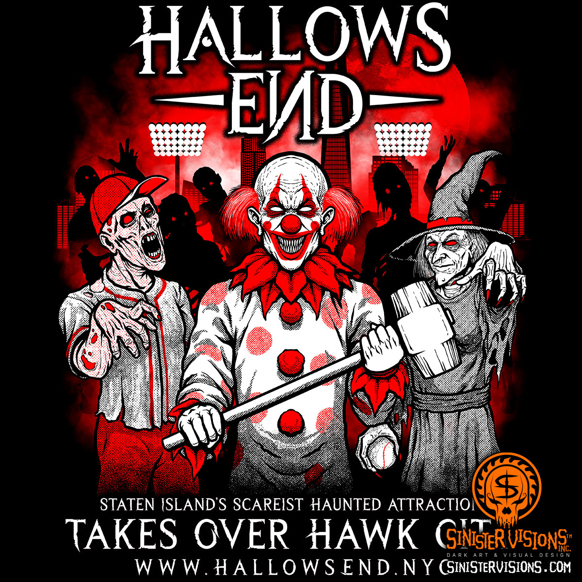 SinisterVisions's tweet photo. Two-color t-shirt design for Hallows End, which is taking over a baseball stadium in Staten Island this year.
.
#sinistervisions #chadsavageart #halloweenart #halloweenartist #hauntedattraction #hauntedhouse https://t.co/VDV6d71uIh