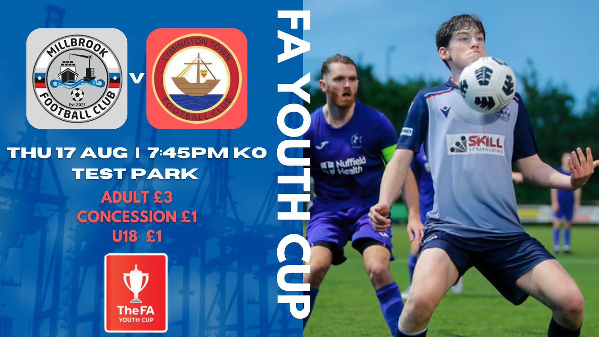 Millbrook_FC participate in the FA Youth Cup for the first time in our short history. Would welcome the community to get behind our young and talented dockers. We take on Lymington Town U18’s on Thursday 17th Aug 19:45pm ko. The game is on the main pitch at Test Park, SO16 9BP