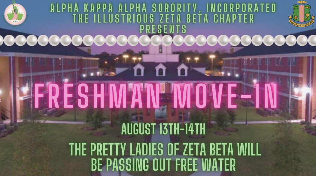 lamar_akas's tweet photo. It’s that time of year!! 🩷💚
Welcome Class of 2027!! The Zeta Beta Chapter will be passing out cold waters during move in Aug 13th and Aug 14th at the residential dorms.
We cannot wait to meet you all!! #lu27 #movein https://t.co/ywtNMblNFZ
