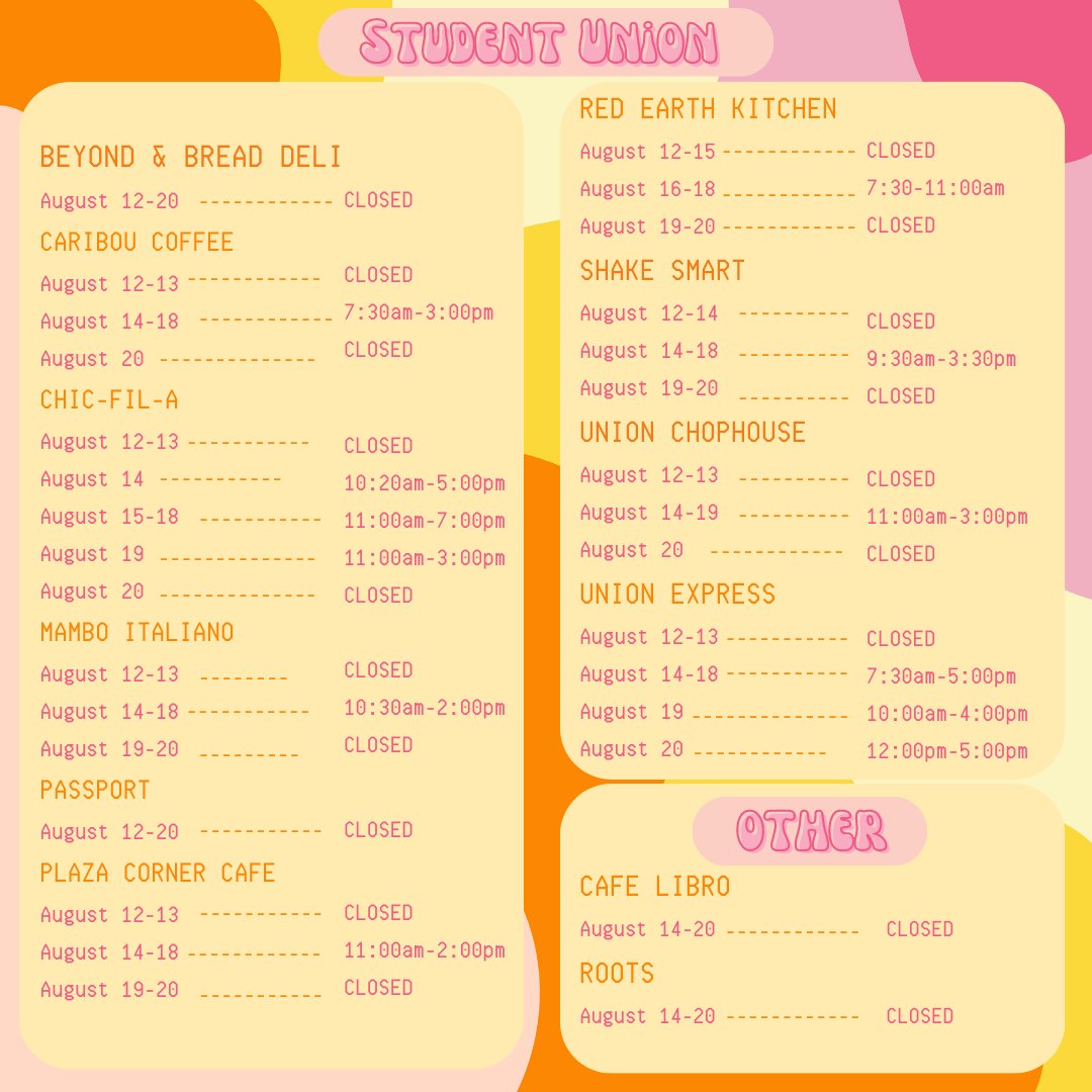 Welcome home, #CowboyFamily! Check out the Welcome Week dining hours below!
🔗 okla.st/3QJLwCh

#okstate #okstate27