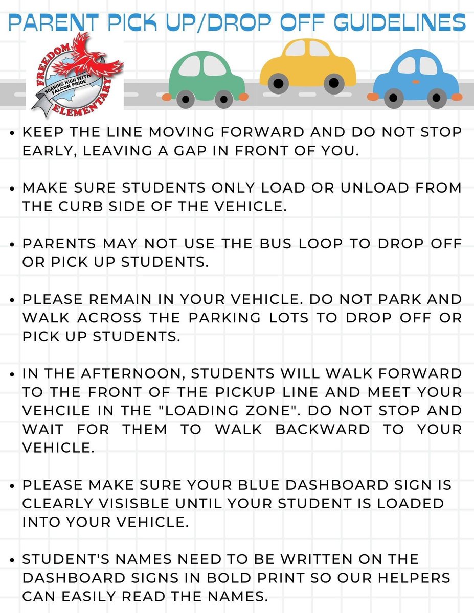 We want to do all we can to keep our students safe and shorten the time it takes to drop off or pick up our students. To do that, we need your help!

Please see the attached guidelines that we need all parents and students to follow.
