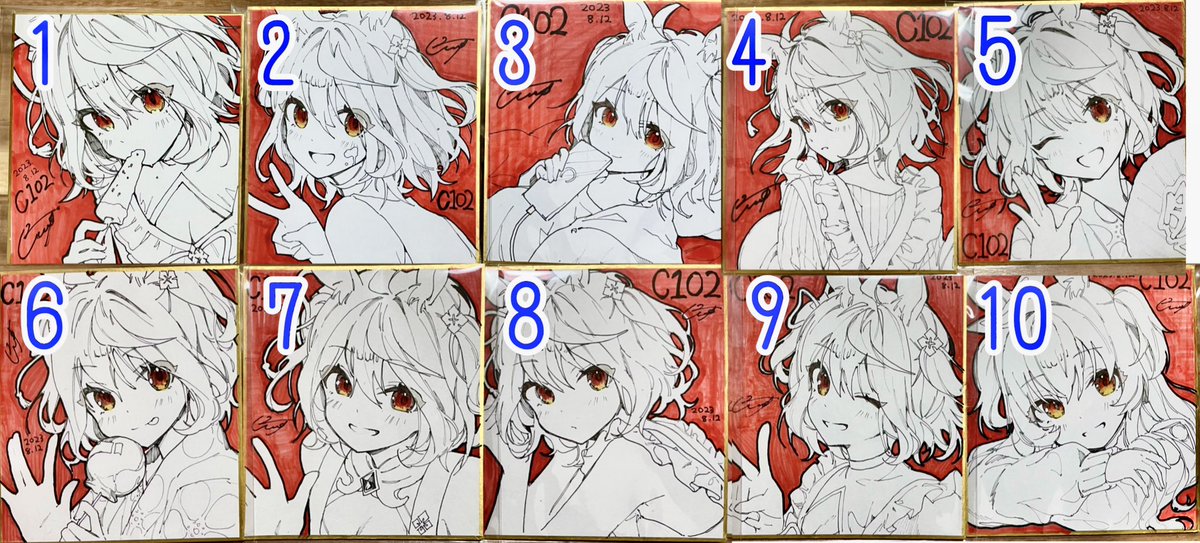 本日頒布する色紙です🍧
絵柄は⑩以外全てキタちゃんになってます!
画像1枚目は小色紙、2枚目は大色紙です

スペースの机には置ききれないので机上にない絵柄をお求めの場合は売り子さんに番号をお伝えください! 