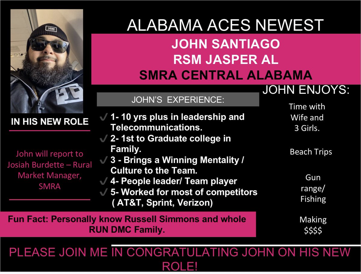 Josiah Burdette (@josiahburdette) on Twitter photo Absolutely pumped about this addition to our Central AL Chargers Leadership team! <a href="/johnsantia8723/">John Santiago Jr</a> brings over a decade of Wireless Leadership experience to our team and is ready to take over the City of Jasper AL! Help me give him a huge Magenta Welcome!! Absolutely pumped about this addition to our Central AL Chargers Leadership team! <a href="/johnsantia8723/">John Santiago Jr</a> brings over a decade of Wireless Leadership experience to our team and is ready to take over the City of Jasper AL! Help me give him a huge Magenta Welcome!!