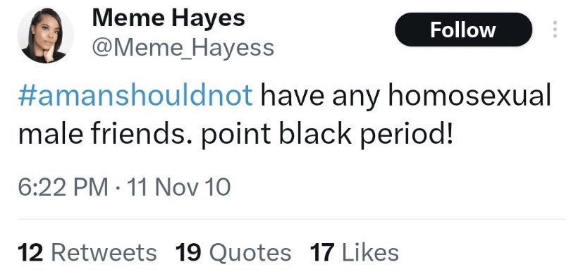 TVTweets2026's tweet photo. Meme’s entire #amanshouldnot series of tweets is just full of homophobia, biphobia, and just all kinds of mess. Hopefully she’s changed her thinking but damn it’s hard to read these. #BB25 @Meme_Hayess https://t.co/IRG4K4eCiq