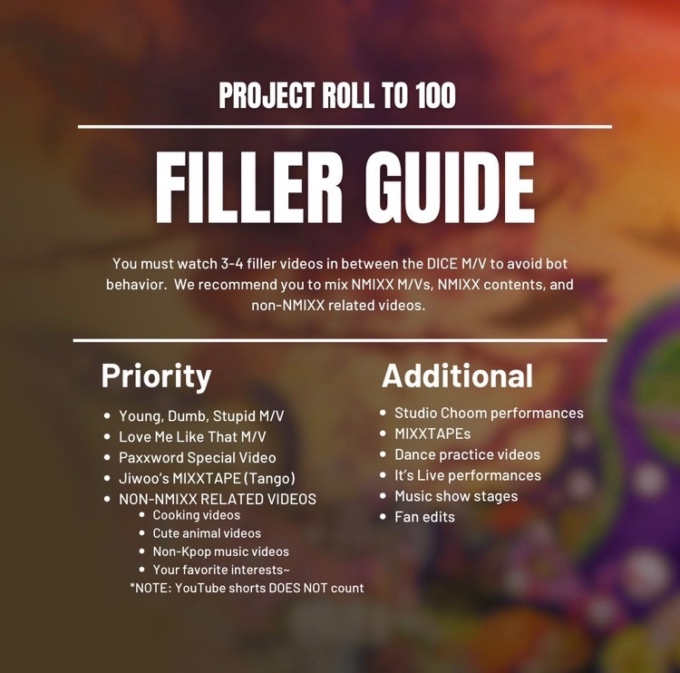 NMIXX_ST's tweet photo. [🎉]PROJECT ROLL TO 100
‼️30 MINS UNTIL PROJECT STARTS‼️

🏆Our goal is to hit 100M views for DICE M/V ASAP, and for the videos in the
"Priority Filler" to hit new milestones

🔎Please follow the streaming guides to make sure your stream counts

#NMIXX #엔믹스
#IStreamForNMIXX https://t.co/WJ9HHh4alk
