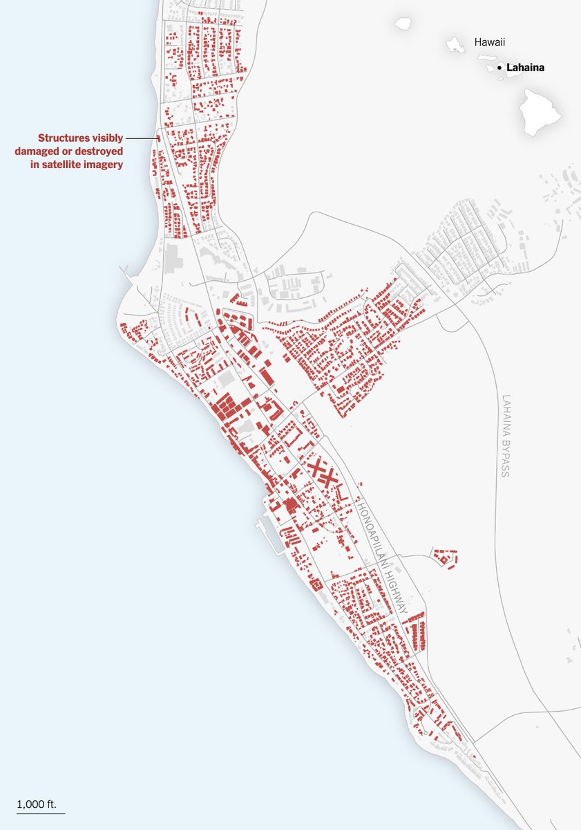 An analysis of satellite images found that ~1,900 structures appear visibly damaged or destroyed by wildfires in Lahaina nytimes.com/interactive/20…
