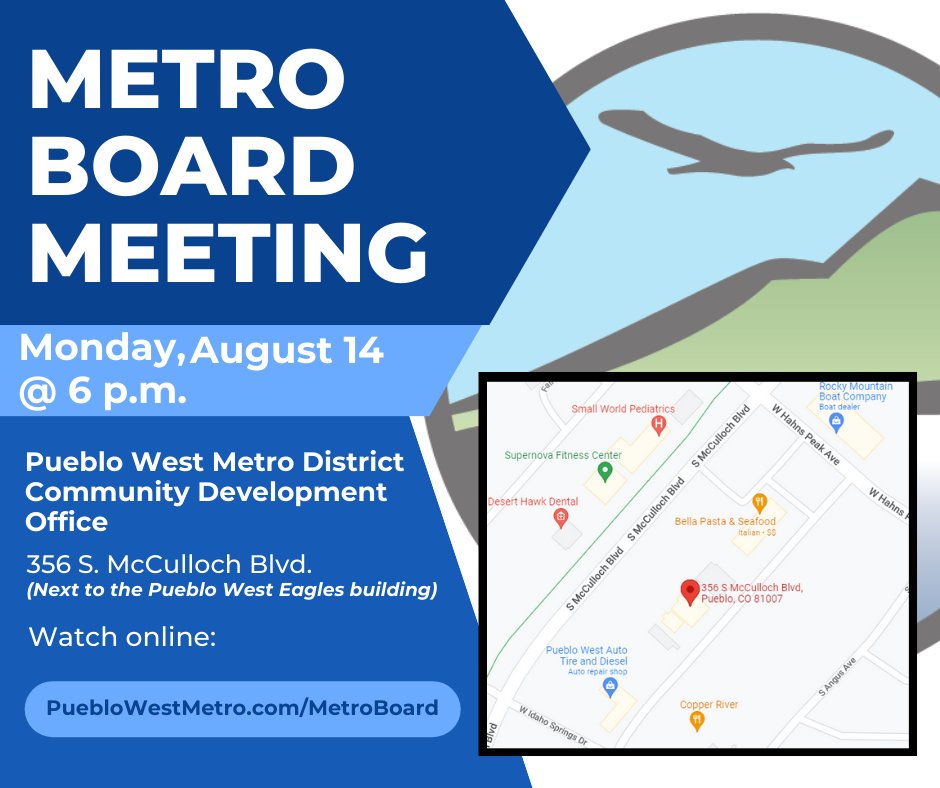 The agenda for Monday's Board of Directors meeting has been published. Note the new meeting time of 6 p.m. at the Metro District Board Room, located at 356 S. McCulloch Blvd.

View the agenda: …eblowestmetroco.portal.civicclerk.com/event/431/over…