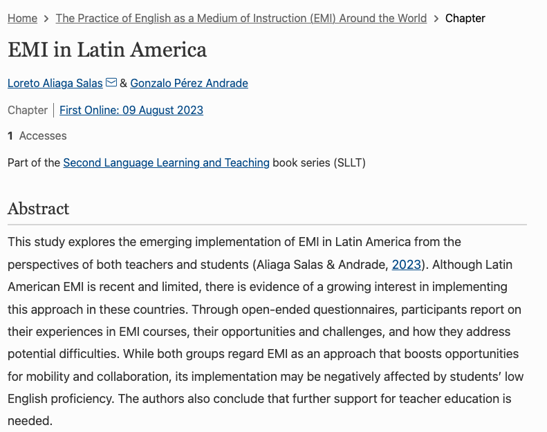 Loreto Aliaga Salas (@loreto_as) on Twitter photo I'm very happy to share that our book chapter titled "EMI in Latin America", co-written with <a href="/LaloLuckyMan/">Gonzalo Pérez</a> is now out!
The Practice of English as a Medium of Instruction (EMI) Around the World (Ed. by Carol Griffiths)
link.springer.com/book/10.1007/9…
<a href="/CLER_Leeds/">Centre for Language Education Research</a> I'm very happy to share that our book chapter titled "EMI in Latin America", co-written with <a href="/LaloLuckyMan/">Gonzalo Pérez</a> is now out!
The Practice of English as a Medium of Instruction (EMI) Around the World (Ed. by Carol Griffiths)
link.springer.com/book/10.1007/9…
<a href="/CLER_Leeds/">Centre for Language Education Research</a>