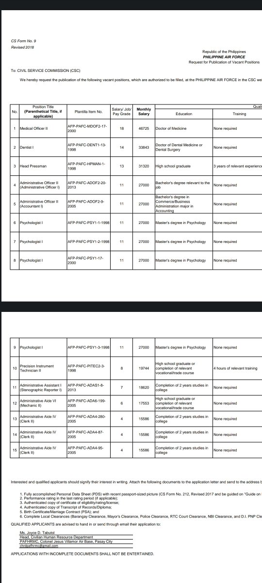 Available positions for Psychologist I at Philippine Airforce as of July 2023.

May 3-4 na positions ata na available. Kagandahan walang closing dates sa applications nila 🥹 pero check niyo na lang din para mas sure. ☺️

drive.google.com/file/d/17r_tb-…
