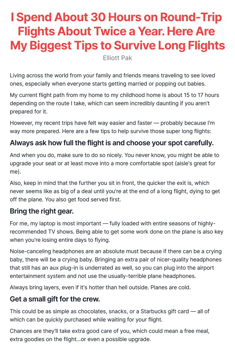 elliottpak's tweet photo. I spend about 30 hours on round-trip flights about twice a year. Here are my biggest tips to survive long flights.

What are your plane necessities? https://t.co/Bua2rQeSud