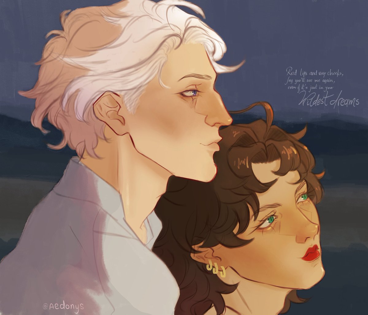 Day 1: Celebrities AU.
Inspired by "Wildest Dreams" by Taylor Swift.

"Say you'll remember me,
Standing in a nice dress,
Staring at the sunset, babe." 

(Story in the comments ;3)

#LcmdFatedAu #lucemond #LucerysVelaryon #AemondTargaryen #hotd #fanart